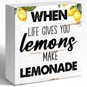 Motivational Office Decor, When Life Gives You Lemons Make Lemons Wooden Block Sign 5x5x1 INCH, Funny Lemon Quote Plaque, Inspirational Kitchen Wall Art