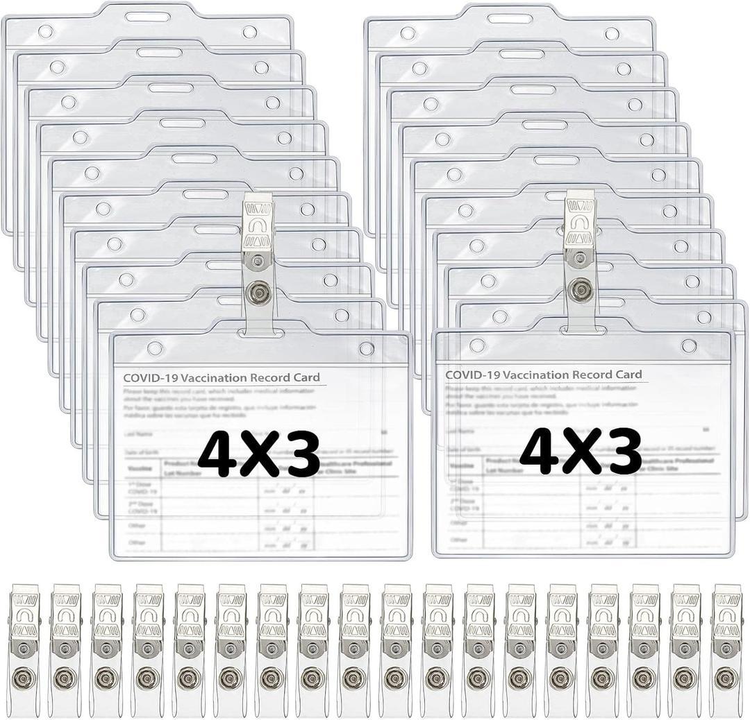 Name Tags with Clips Name Tag Holder for 4 x 3 ID Badge, Clear Waterproof Vinyl Plastic Sleeve Cover Horizontal Card Holder for Travel and Events (20 Pieces)
