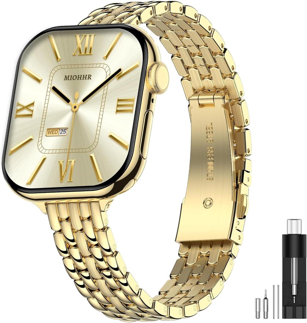 MioHHR Slim Metal Bands Compatible with Apple Watch Band 49mm 46mm 45mm 44mm 42mm (Series 3/2/1), Thin Stainless Steel Chain Strap Bands for Women iWatch Series 10 9 8 7 6 5 4 SE 3 2 1, Gold