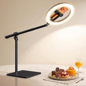 Ring Light with Stand for Desk,Adjustable Overhead Phone Mount with 10" Ring Light Tripod for iPhone,Phone Tripod with Light and Remote Phones Holder for Video Recording,Live Stream,Cooking Video (Black)