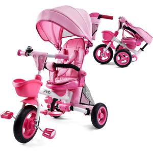 JMMD 8 in 1 Tricycle Stroller with Push Handle, Foldable Trike with 360 Swivel Seat, Reclining Backrest, All-Terrain Wheels, Dual Brakes, Canopy & Storage, Gift for Kids 18 Months to 5 Years, Pink
