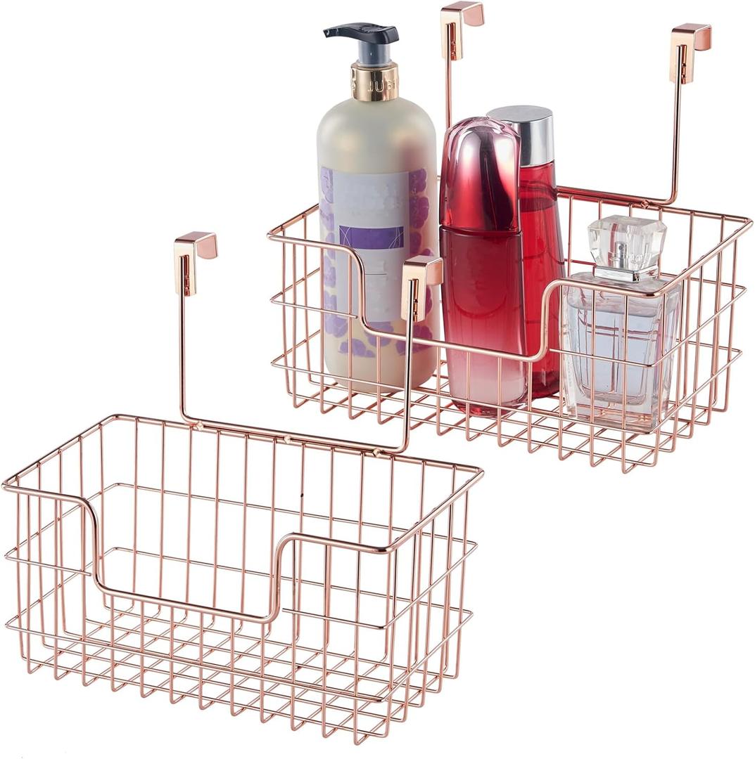 Wire Hanging Storage Basket 2 Packs, Wall Mounted Kitchen Bathroom Storage Basket, Home Multi-Functional, no Punching, Bearing Strong, Suitable for Home, Office,Rose Gold