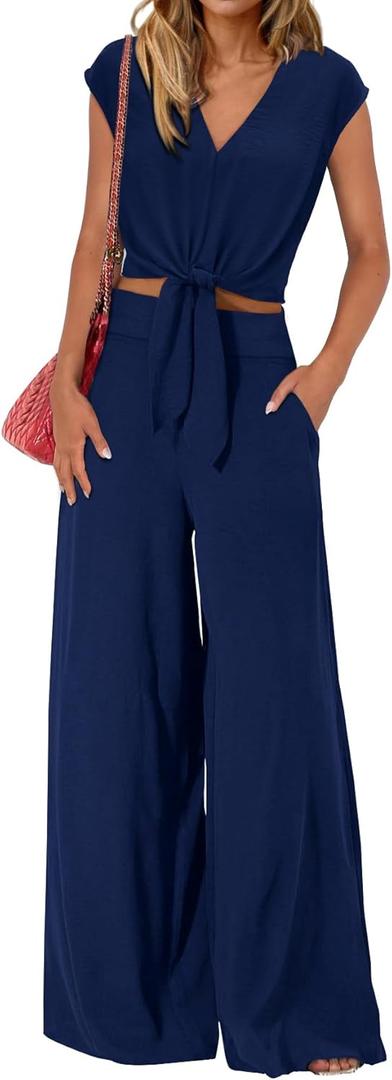 PRETTYGARDEN Women's Summer 2 Piece Outfits 2025 Cap Sleeve V Neck Belted Crop Tops Wide Leg Pant Sets Casual Tracksuit (Large, Solid Dark Blue)