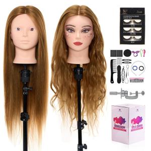 Mannequin Head with 80% Real Human hair- 28" Hair Mannequin Heads for Make up, Braiding Hairdressing Doll Head for Styling with Table Clamp + DIY Hair Styling Set (light brown)