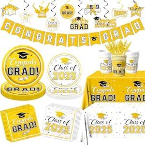 Graduation 2025 Decorations Tableware, 189pcs White Gold Graduation Plates and Napkins Cups for Congrats Grad Class Of 2025 Graduation Party Supplies, Serves 25