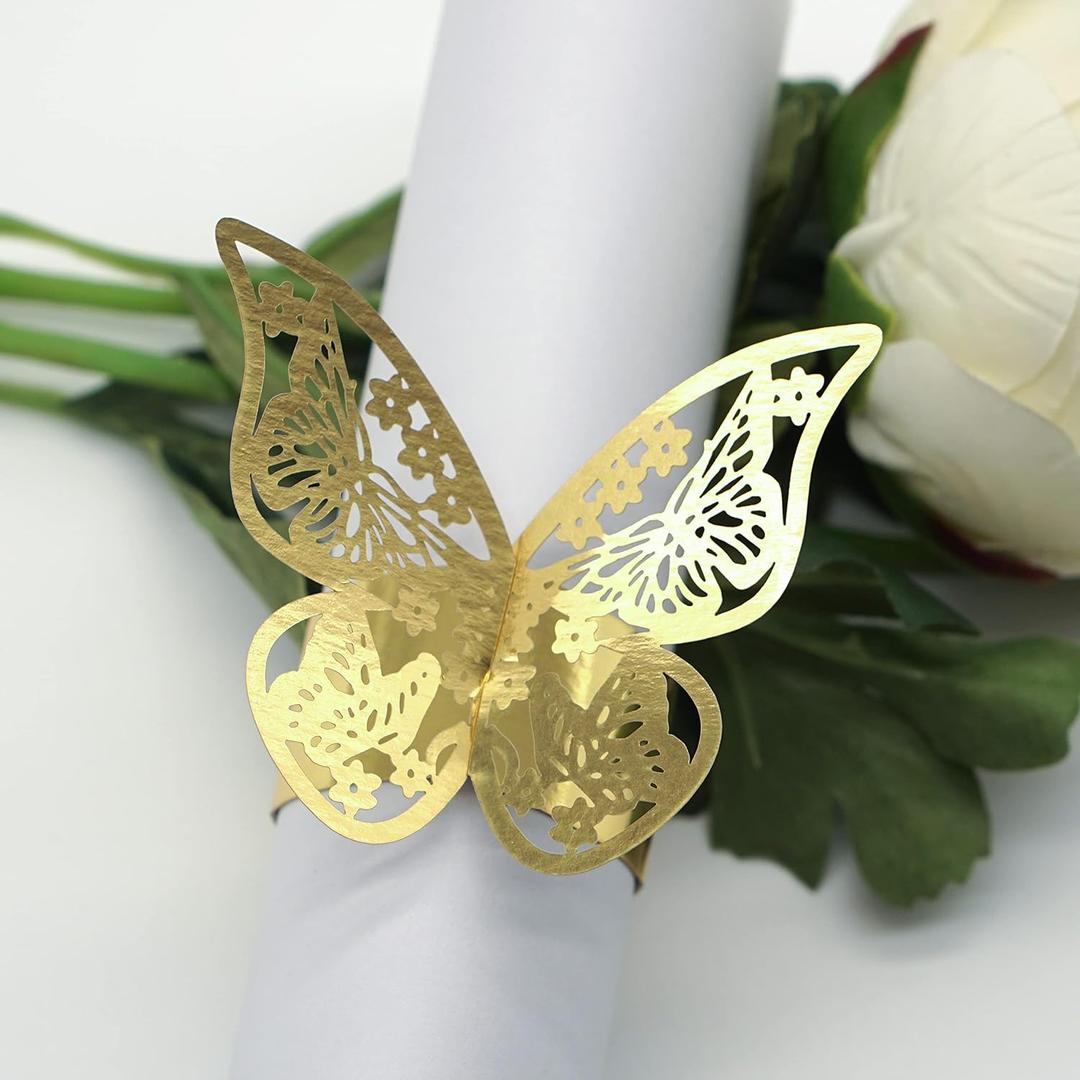 Butterfly Gold Paper Napkin Rings Set of 100 pcs3D Laser Cut Foil Cutout Paper Napkins Holder,Disposable Serviette Rings for Tables,Decorations,Wedding,Dinner,Party Decor, TYPE1