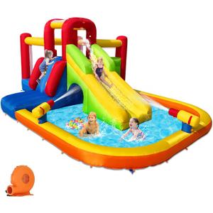 Bounce House Inflatable Water Slide for Kids, Water Park With Splash Pool, Double Cannon, 2 Climbing Walls, Obstacles, Blow Up Jumping Castle With Blower