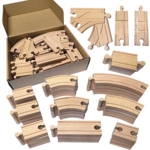 Wooden Train Track 44Pcs, Wood Train Tracks Expansion Accessories Expansion Pack fits Melissa and Doug, Brio, Thomas, Montessori Toys, Birthday Gift for Boys Girls Toddler Kids