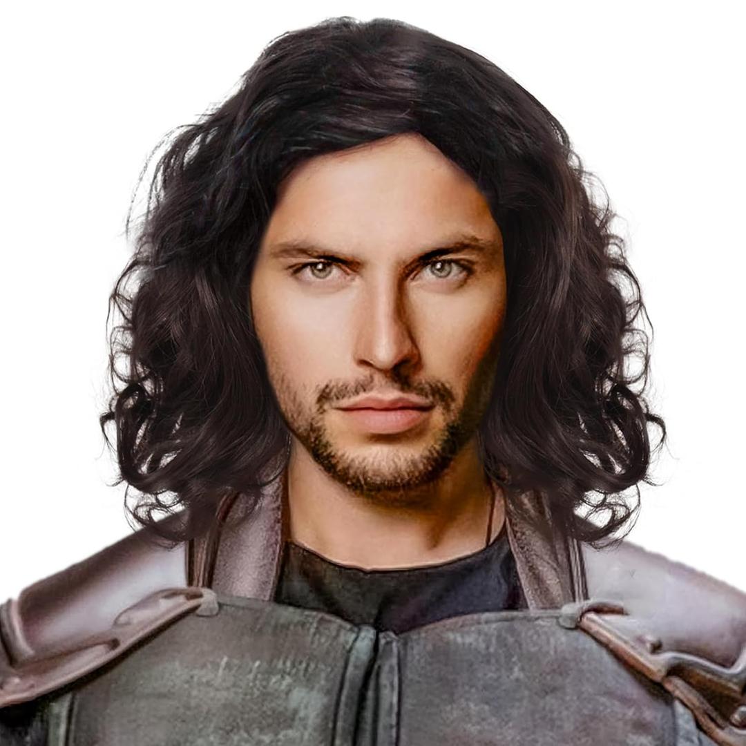 ANOGOL Hair Cap+Shoulder Length Black Curly Wig Middle Length Fluffy Wig Short Black Wavy Hair Halloween Cosplay Party Costume 70s Rock Star