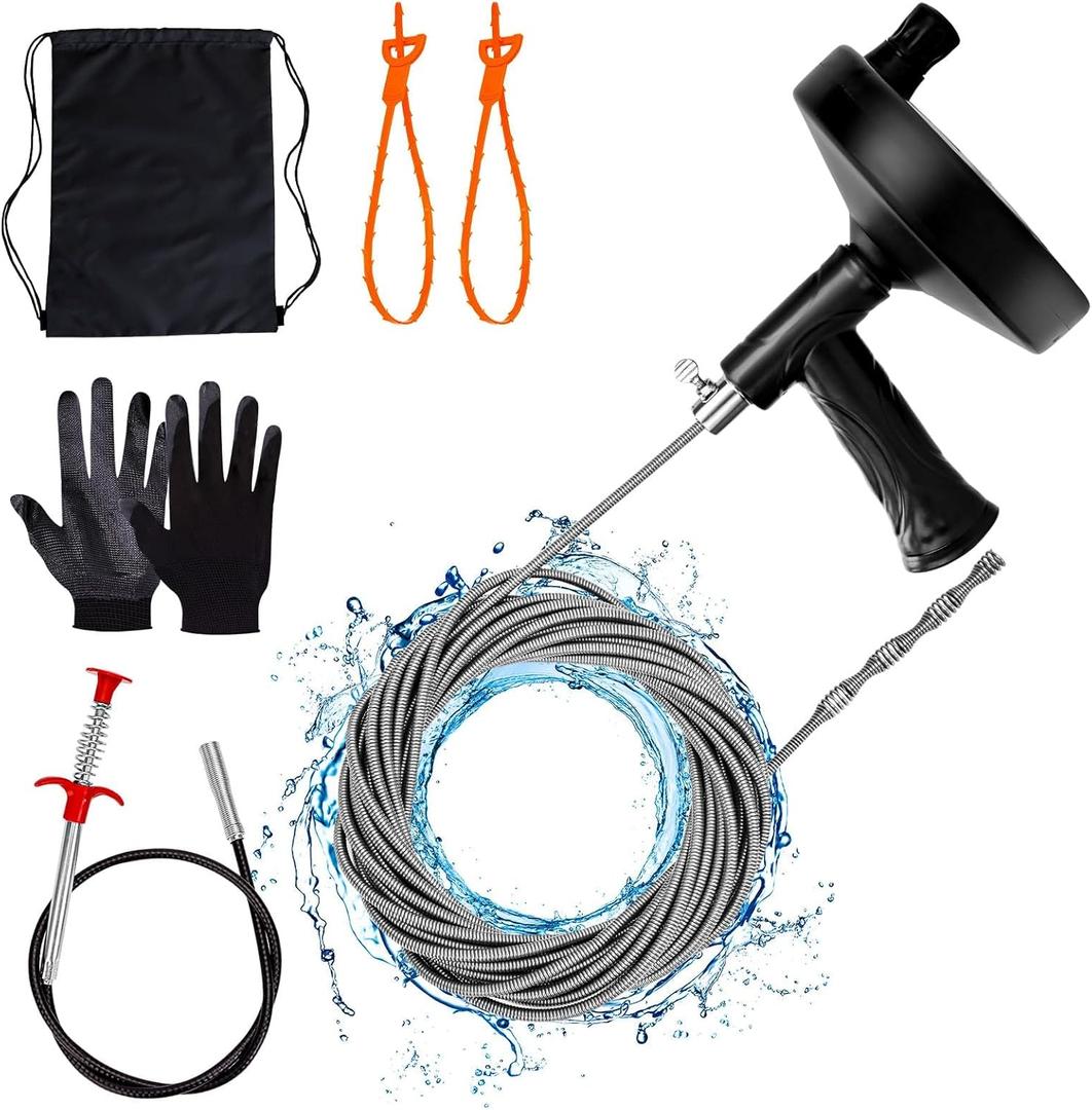 Drain Auger 33 ft, Plumbing Snake Hair Clog Remover Drain Snake Flexible Grabber Heavy Duty Sink Cleaner Tools for Shower Bathtub Bathroom Kitchen Pipe, Black