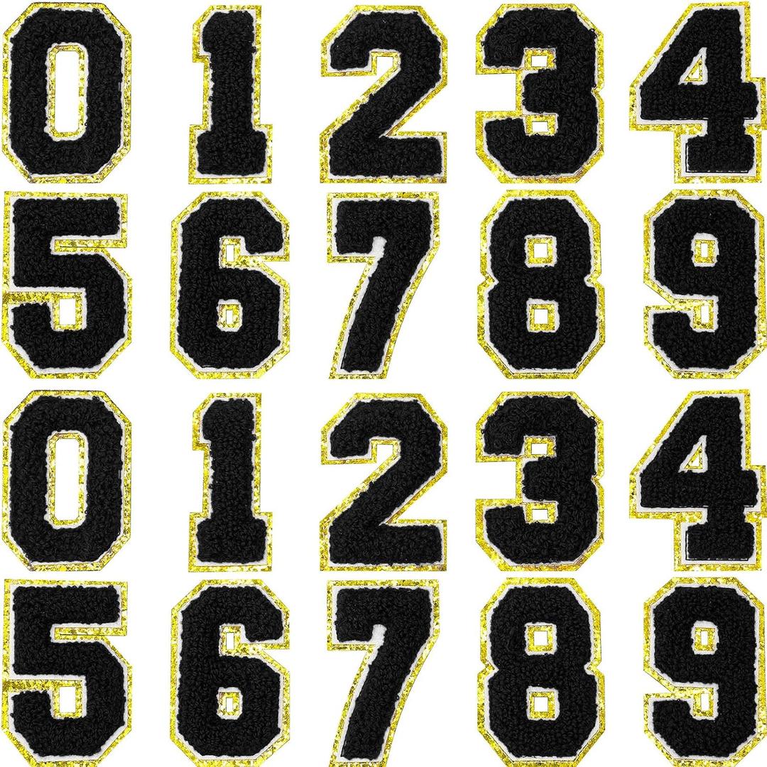 20 Pcs 3.15 in Chenille Iron on Numbers Embroidery Patches with Glitter Sequins Sew 0-9 Applique for Team Uniform Sports T-Shirt Football Jeans Bags Decors(Black)
