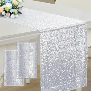 RUDONG M 2 Pack Silver Sequin Table Runner 12 x 108 Inch, Rectangle Glitter Table Runner Dining Table Centerpiece Decorations for Weddings, Banquet, Holiday, Birthday Party