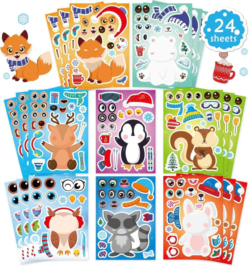24 Sheets Winter Stickers for Kids Toddlers, Make-a-face Stickers Make Your Own Winter Animal Stickers, Winter Holiday Gifts Christmas Party Decorations Supplies