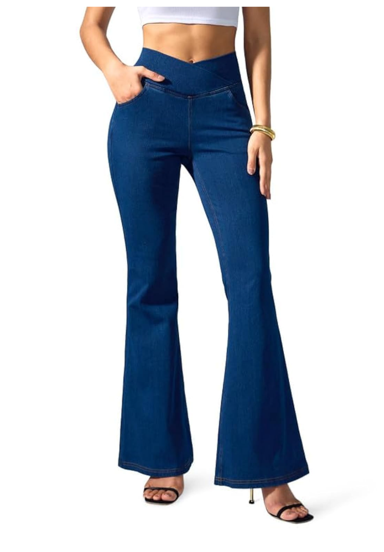 Rammus Flare Jeans for Women Crossover High Waisted Bell Bottom Jeans Trendy Yoga Pants Stretchy Flare Leggings with Pockets, Size 34 XL