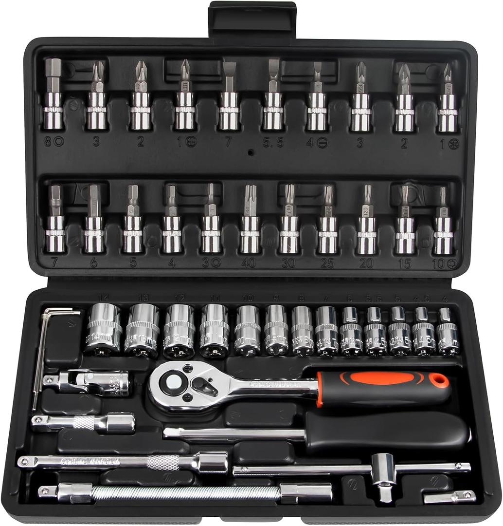 LLNEDL 1/ 4 Inch Drive Socket Ratchet Wrench Set, 46 Pieces Socket Set with Bit Socket Set Metric and Extension Bar for Car Bicycle Motorcycle Repair and Home Use with Storage Case, EDL046