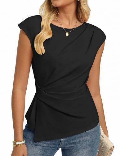 GRACE KARIN Womens 2026 Spring Short Sleeve Tops, Dressy Casual Peplum Shirts Outfit, Tunic Blouses Trendy Fashion Clothes Black XL