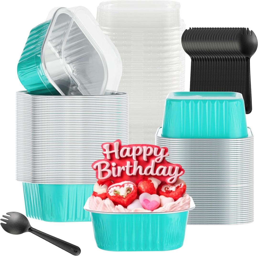 50PCS 5OZ Mini Aluminum Pans With Lids - Cupcake Liners, Cake Tins, Baking Cups for Christmas, Blue