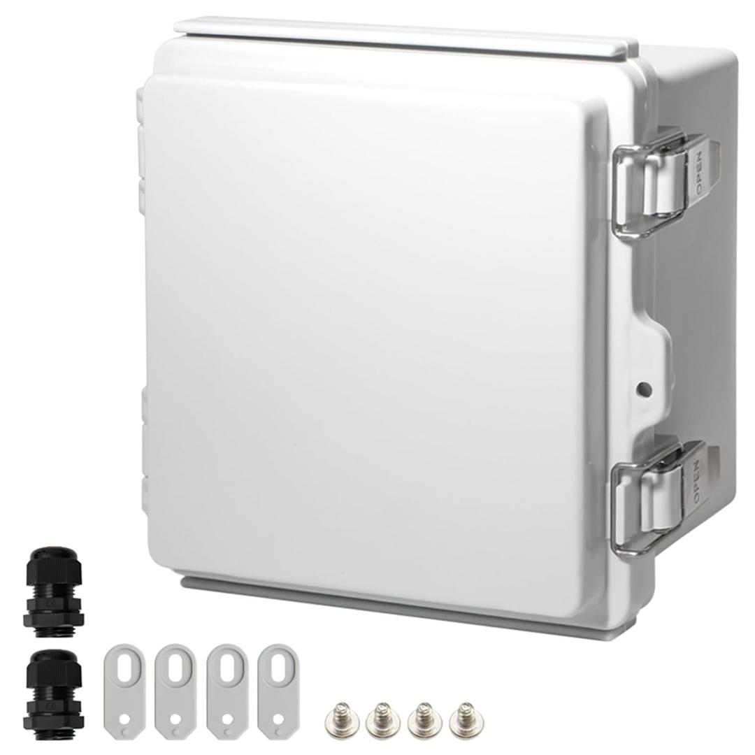 MAKERELE Small Waterproof Electrical Box Outdoor IP67 ABS Plastic Enclosure with Mounting Plate,Hinged Grey Cover,Wall Bracket,Stainless Steel Buckle and 1/4" NPT*2 (5.9"3.9"2.7")