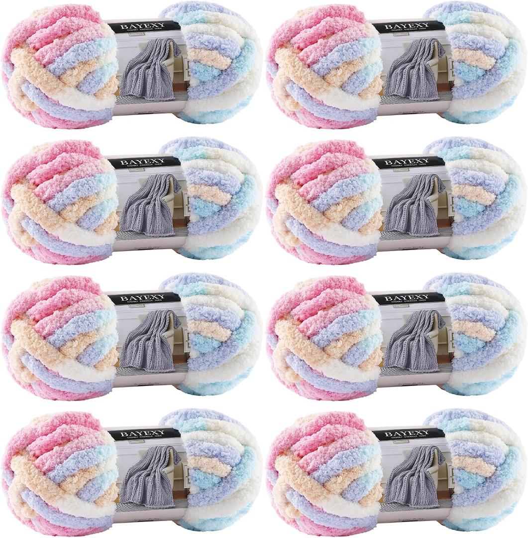Chunky Chenille Yarn for Hand Knitting 8 Jumbo Pack Jumbo Chunky Yarn for Hand Soft Blanket Knitting, Bulky Thick Fluffy Yarn for Crocheting (Marshmallow Color)