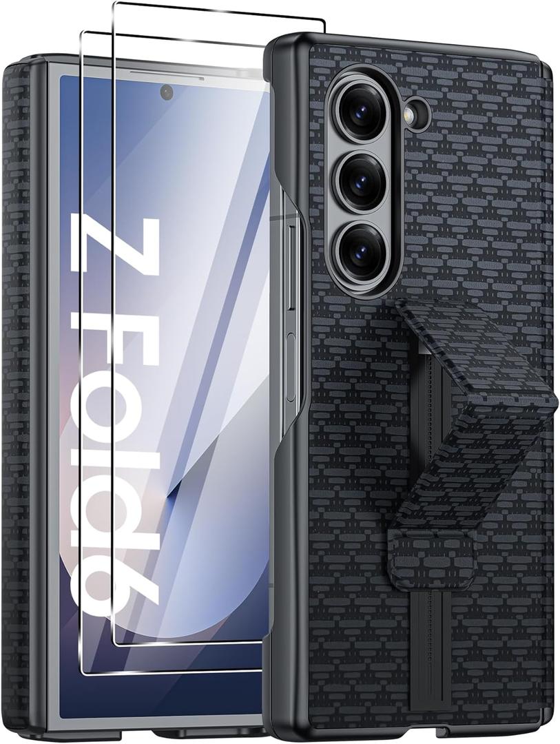 Vizvera for Galaxy Z Fold 6 Case Luxury Leather with Screen Protector 2 Pack, [Hinge Protection] Shockproof Leather Phone Case for Galaxy ZFold 6(Black)