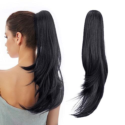 HEWEICSY Ponytail Extension, 20" Long Claw Hair Extension Synthetic Wavy Straight Hairpieces Clip in Ponytail Wig Daily Fluffy Pony Tail for Women, Deep Black