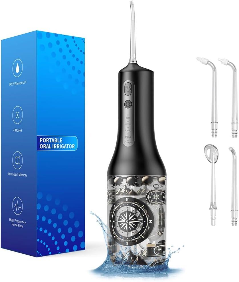 SARMOCARE Water Dental Flosser, Cordlss Oral Irrigator 300ML 4 Modes 4 Tips Pattern Water Tank Rechargeable Water Flossers for Home Travel(Black)