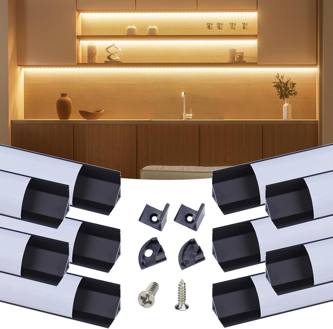 Muzata 10 Pack 3.3FT/1M V Shape LED Channel Black Aluminum LED Strip Diffuser Channel with Milky White Cover Corner Lighting Easy Installation V1SW BW 1M