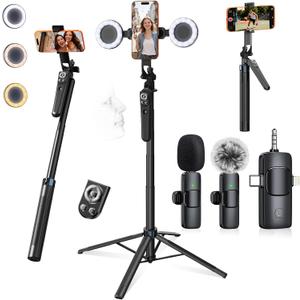 Tripod for iPhone with Light and Remote, Wireless Microphones, 71" Auto Face Tracking Phone Stand for Video Recording, Content Creator Essentials Vlogging Kit for YouTube, TikTok, Live Streaming