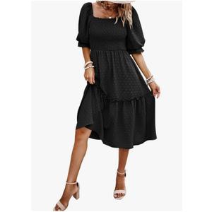 Cicidudu Women's Summer Casual Dresses 2026 Spring Puff Sleeve Square Neck A Line Flowy Boho Floral Smocked Midi Dress, 4XL Size