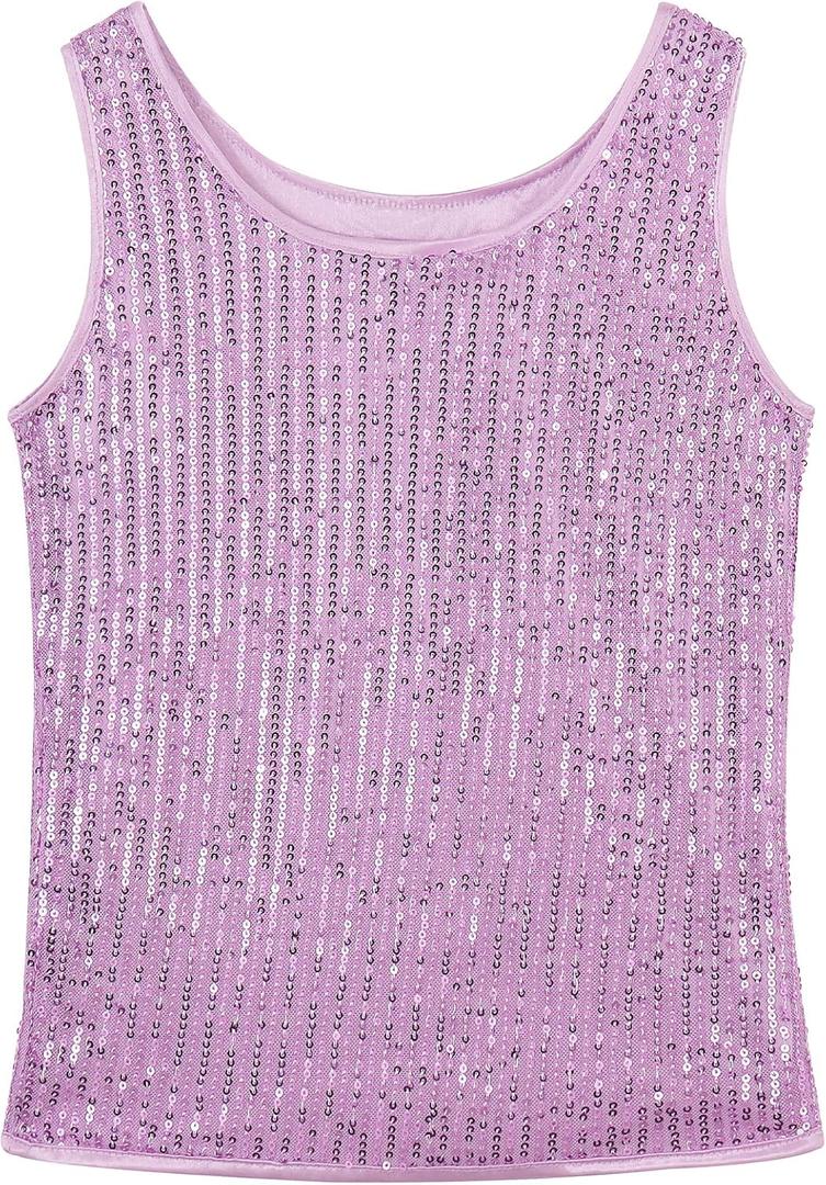 Noomelfish Girls Sequin Tank Tops Sparkly Glitter Dance Sleeveless Shirt (5-12 Years) (Light Purple)