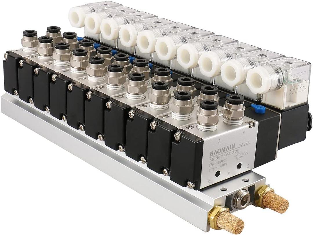 Baomain Integrated 10 Space Manifold with Solenoid Valve 4V210-08 DC 24V PT1/4 2 Position 5 Way Base Muffler Quick Fittings Set