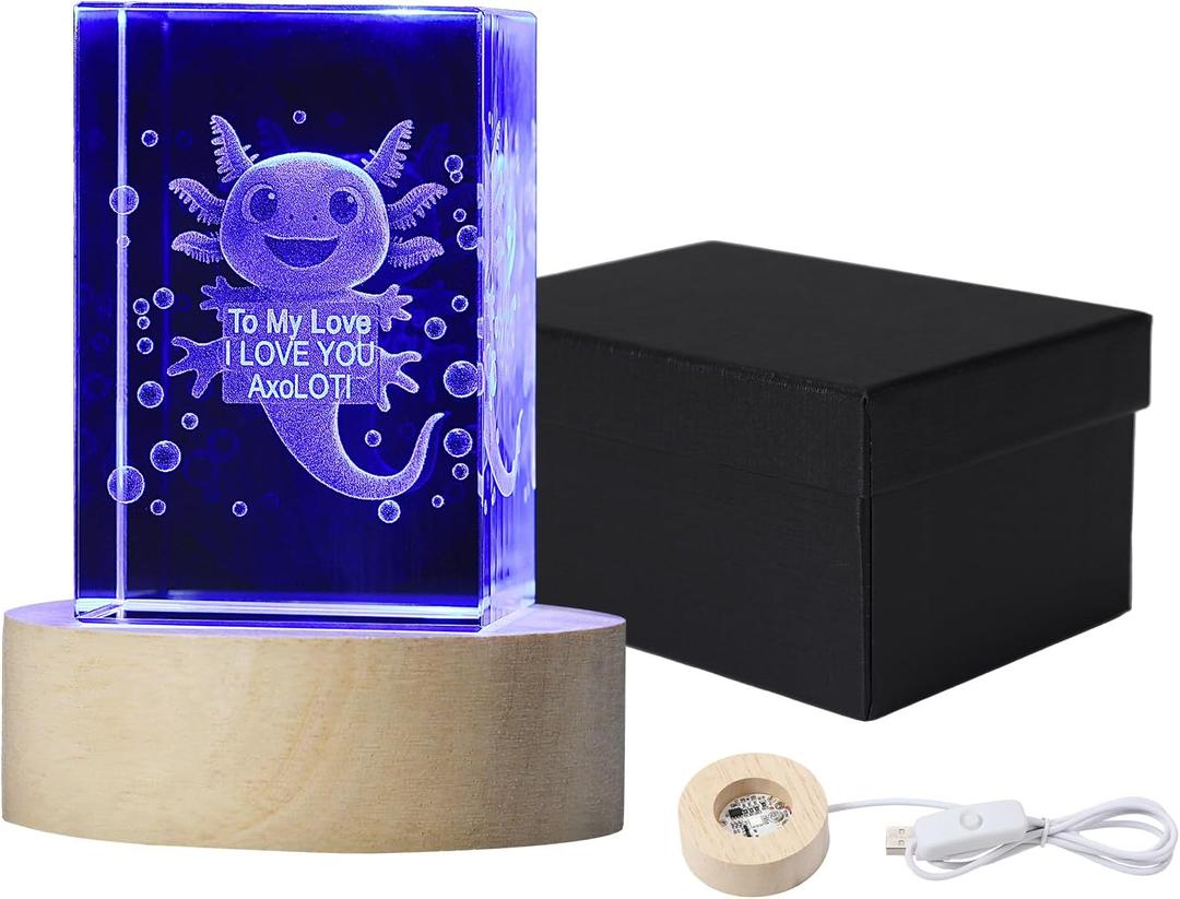 3D Axolotl Crystal Ball Night Light,1.55 * 1.55 * 2.3inch Laser Engraved,5Colors Led Crystal Ball with Wooden Base for Birthday Gifts, Christmas Gifts, Gifts for Her (square)