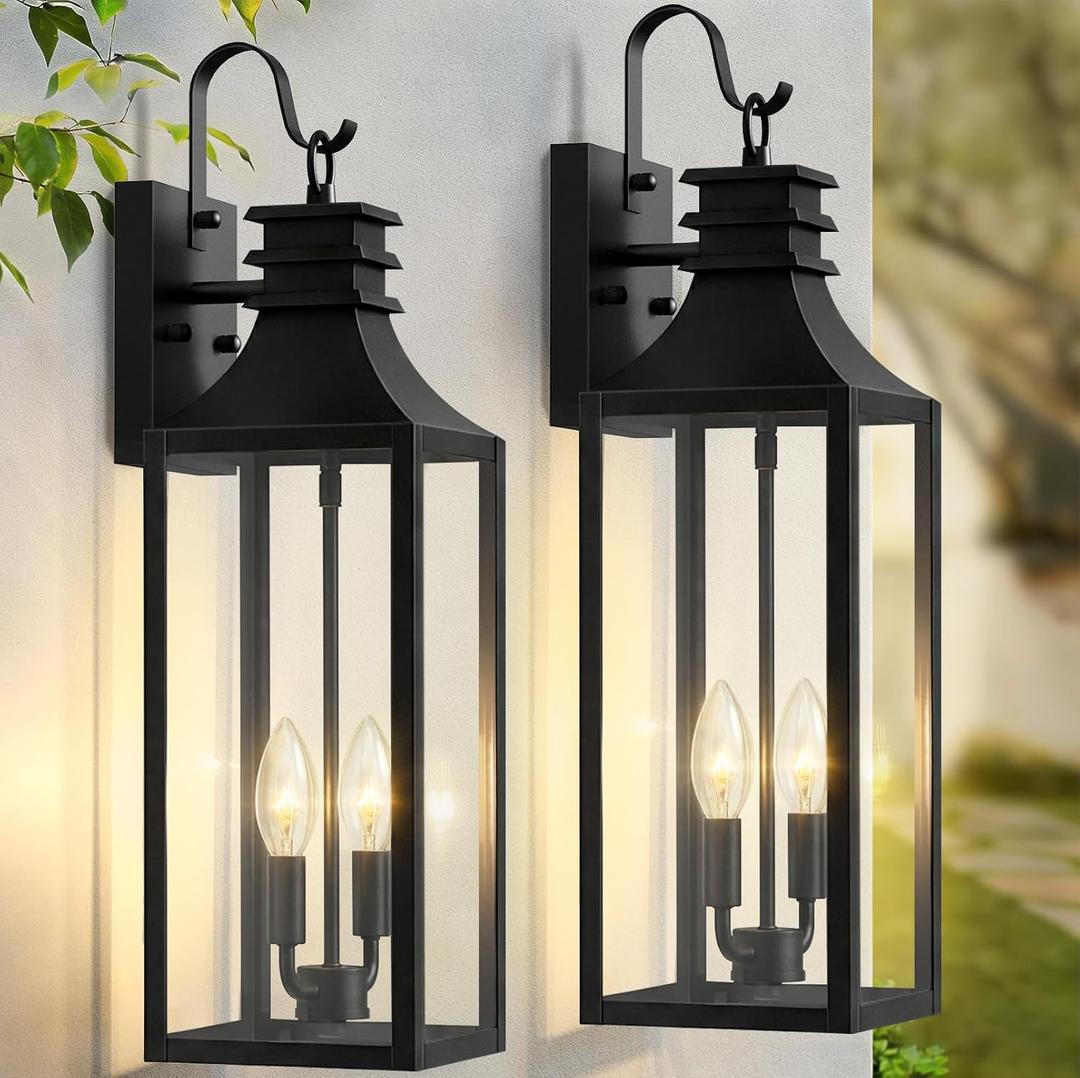 22" Large Outdoor Wall Lights, 2-Pack Black Porch Lights with Clear Glass, Waterproof Exterior Lighting Fixtures, E12 Socket Modern Farmhouse Wall Sconces Lantern for House Garage, Aluminum Frame, 22" Ordinary