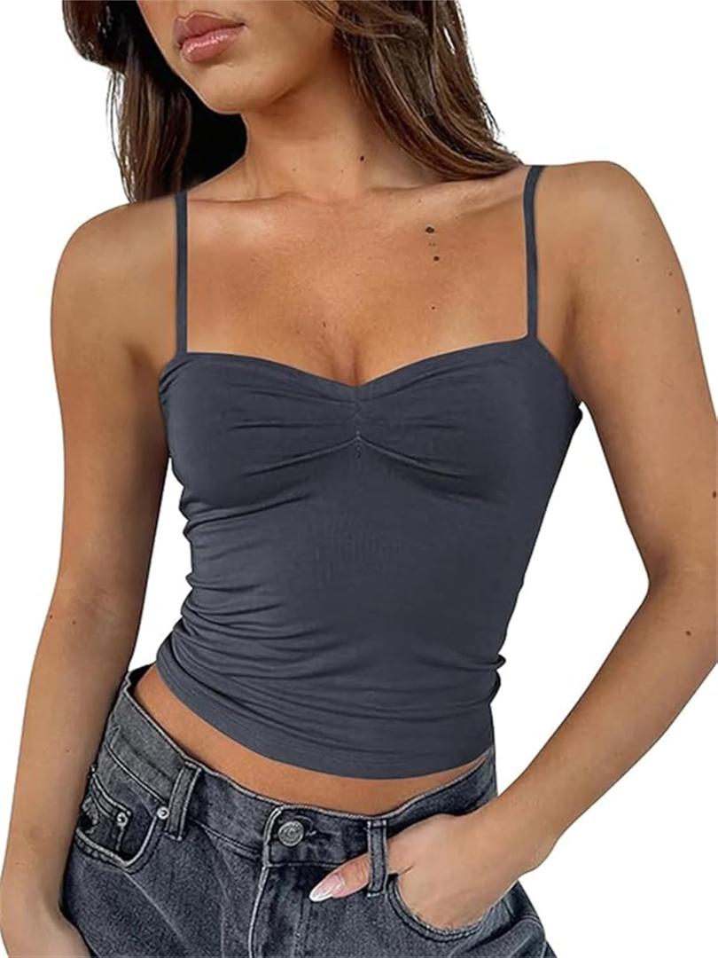ForeFair Women Y2K Sweetheart Neck Sleeveless Crop Tank Tops Backless Spaghetti Strap Pleated Bustier Camis Going Out Top (Small, Dark Grey)