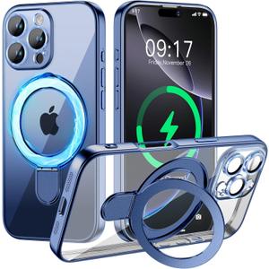 Magnetic for iPhone 16 Pro Max Case with Invisible Stand[Compatible with MagSafe][Full Camera Lens Protector][Military Drop Protection] Shockproof Not Yellowing Clear Slim Soft for Women Men (Blue Titanium)