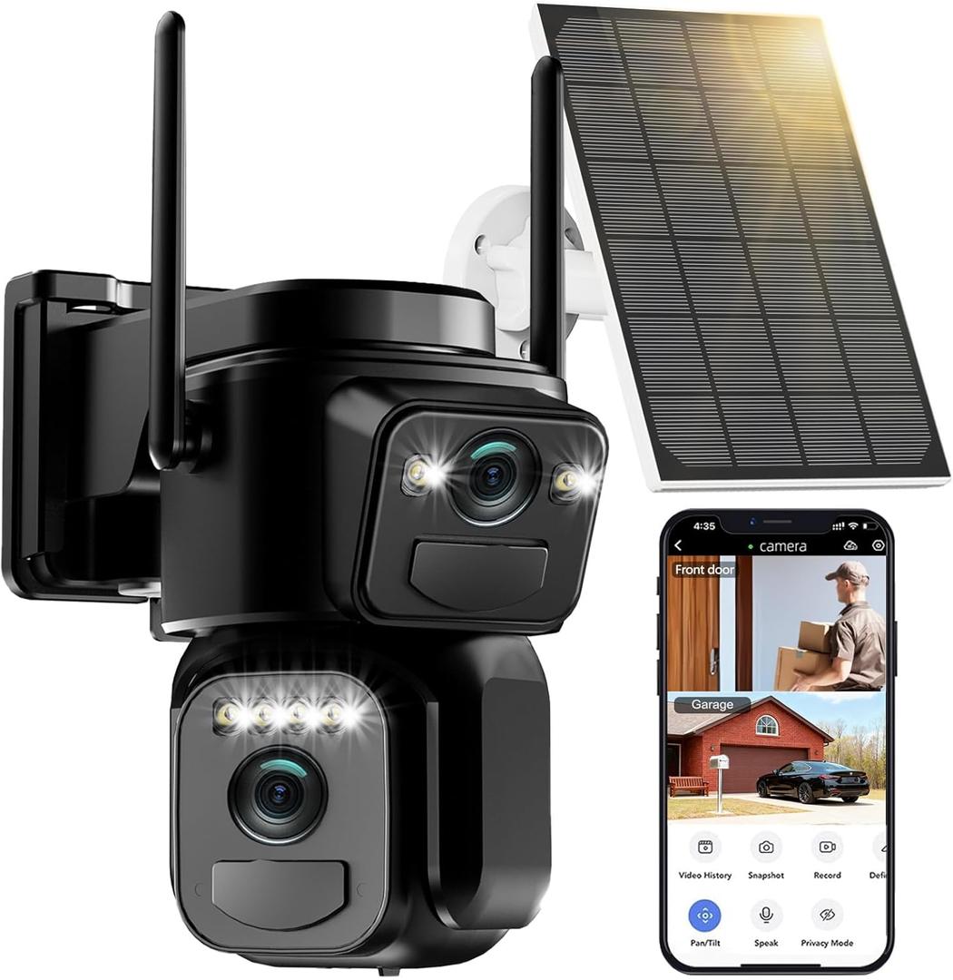 Dual Lens Solar Security Cameras Wireless Outdoor, 5G/2.4G WiFi 6, 360 PTZ Home Security Camera with 6MP Color Night Vision, Motion Detection, Spotlight Siren, 2-Way Audio, Waterproof (Black)