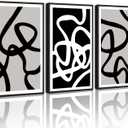 PHOPAGO Black and White Lines Abstract Wall Art Ink Wash Minimalist Framed Canvas Painting Artwork 11x14in Black Framed (11" x 14" x 3 Pcs Black, Black Line)