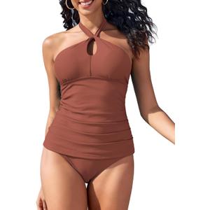 ZAFUL Women's Tankini Swimsuits Cut Out Crisscross Tankini Top with High Waisted Bottom Tummy Control Bathing Suit (Brown, S)