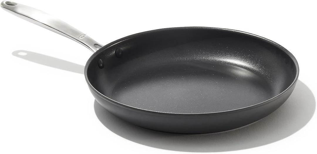 OXO Enhanced 10" Frying Pan Skillet, PFAS-Free Ceramic Nonstick, Durable Hard Anodized Cookware, Scratch Resistant, Stainless Steel Handle, Good Grips, Dishwasher Safe, Oven Safe, Black