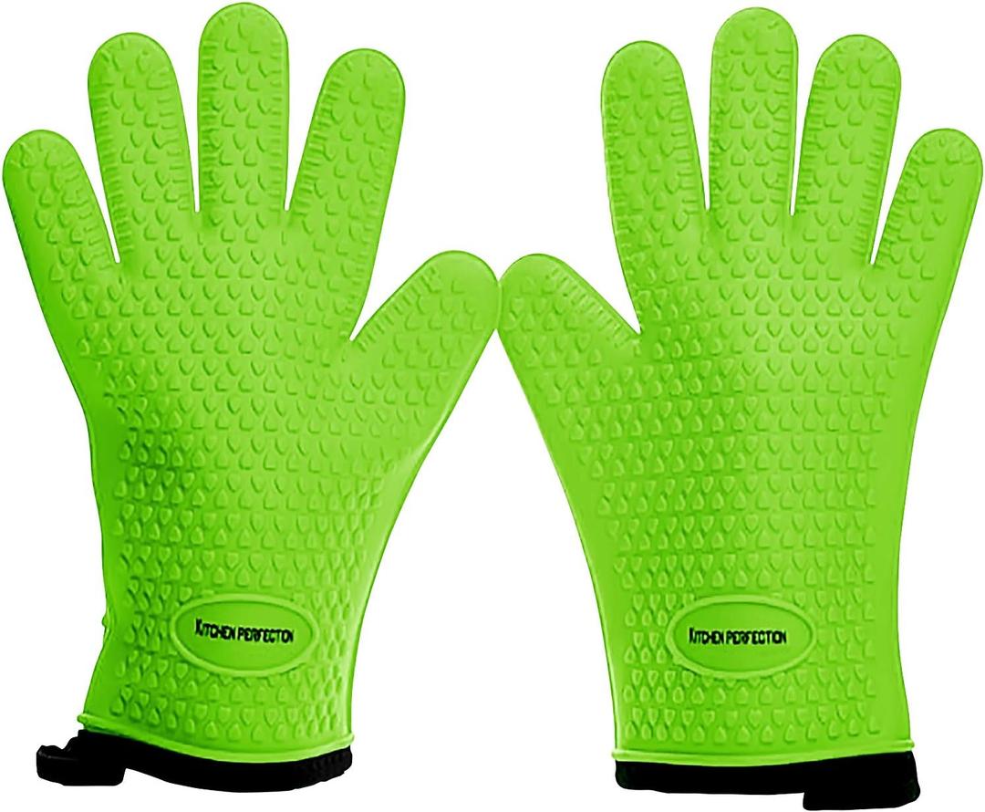 KITCHEN PERFECTION XL Silicone Smoker Oven Gloves-Extreme Heat Resistant BBQ Gloves-Handle Hot Food Right on Your Grill Fryer&Pit|Waterproof Grilling Cooking Baking Mitts|Superior Value Set+3 Bonuses (Green)