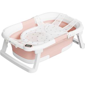 Collapsible Baby Bathtub,Baby Bath Tub with Soft Cushion & Thermometer,Baby Bathtub Newborn to Toddler 0-36 Months,Portable Travel Baby Tub (Pink)