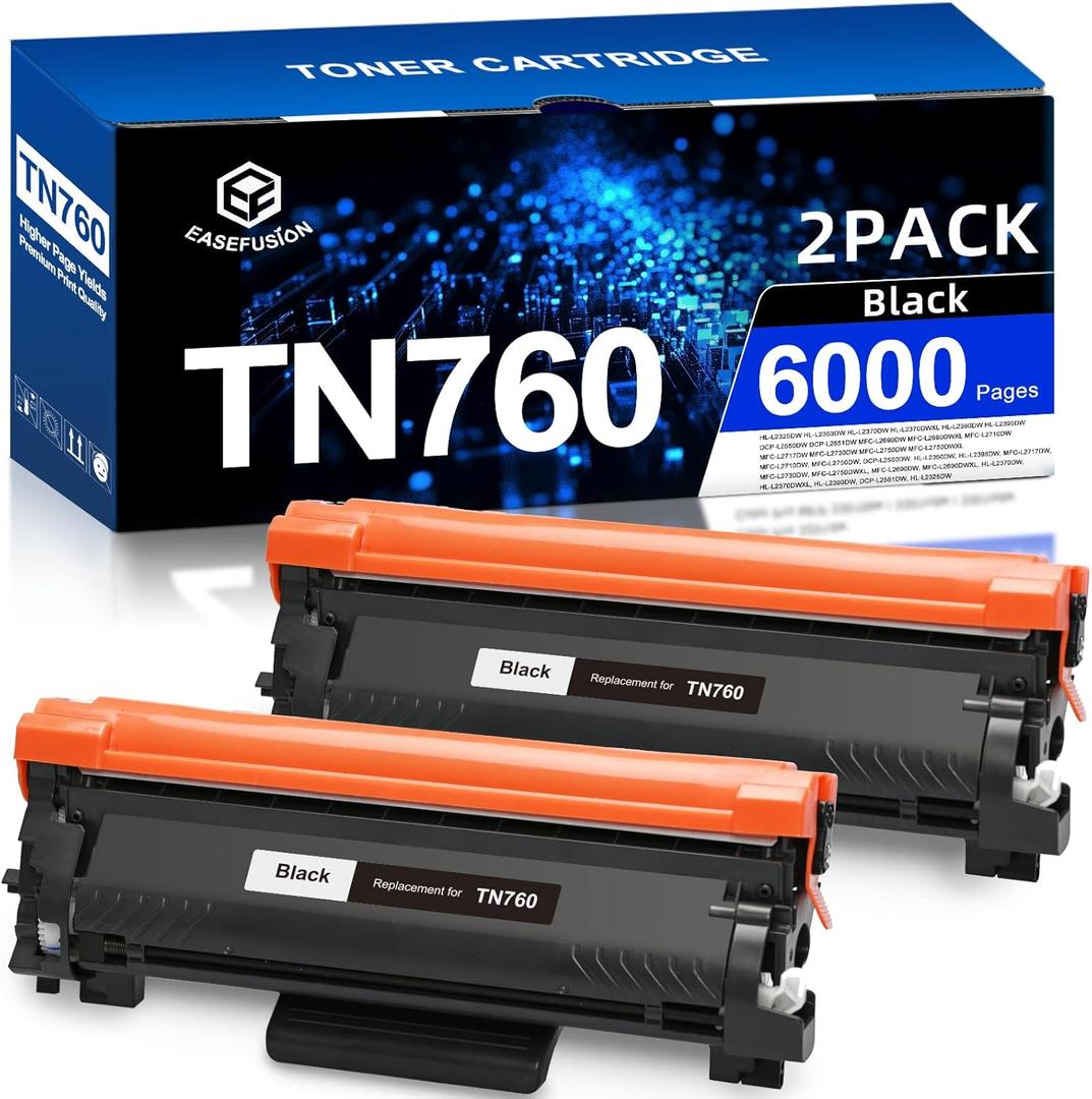 TN760 Toner for Brother Printer Compatible for Brother TN-760 TN730 TN-730 Toner Cartridges to Use with MFC-L2710DW MFC-L2750DW HL-L2350DW HL-L2370DW HL-L2395DW L2390DW DCP-L2550DW (TN760 2 Pack)
