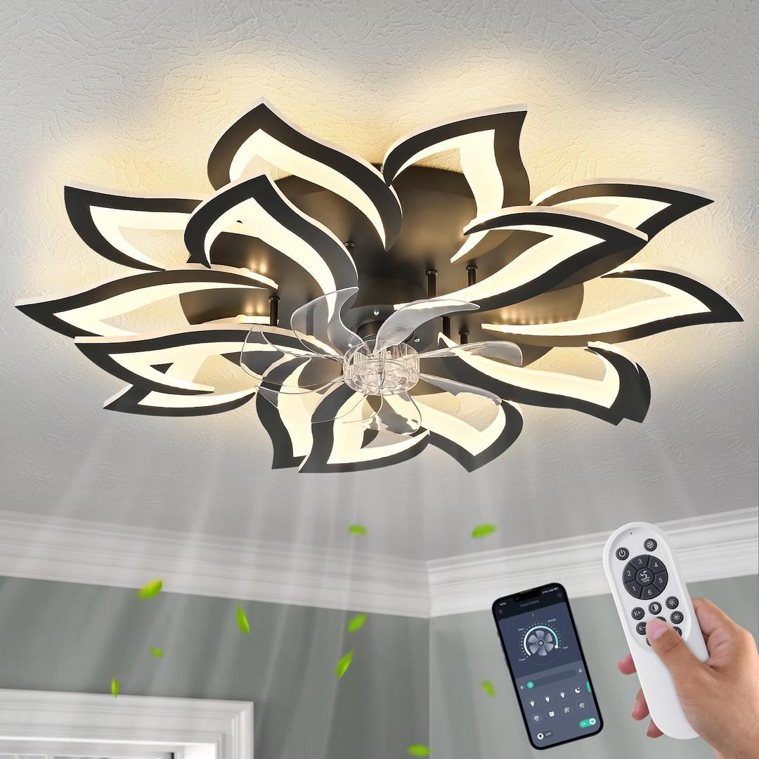 Ruibutrade 15Leaves-Black Flower Modern CeilingFans with Lights, Low Profile Ceiling Fan with Remote for Bedroom, Flush Mount Ceiling Fan with LED Dimmable Light,6-Speeds, Timing CeilingFan Light