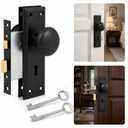 Matte Black Vintage Mortise Lock Set with Round Door Knobs