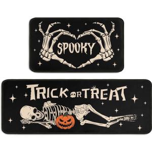 2 Piece Halloween Kitchen Decor Rugs Set,Skeleton Kitchen Rugs and Mats Non Skid Washable Absorbent Kitchen Accessories Decoration Floor Mats 17"x47"+17"x30"