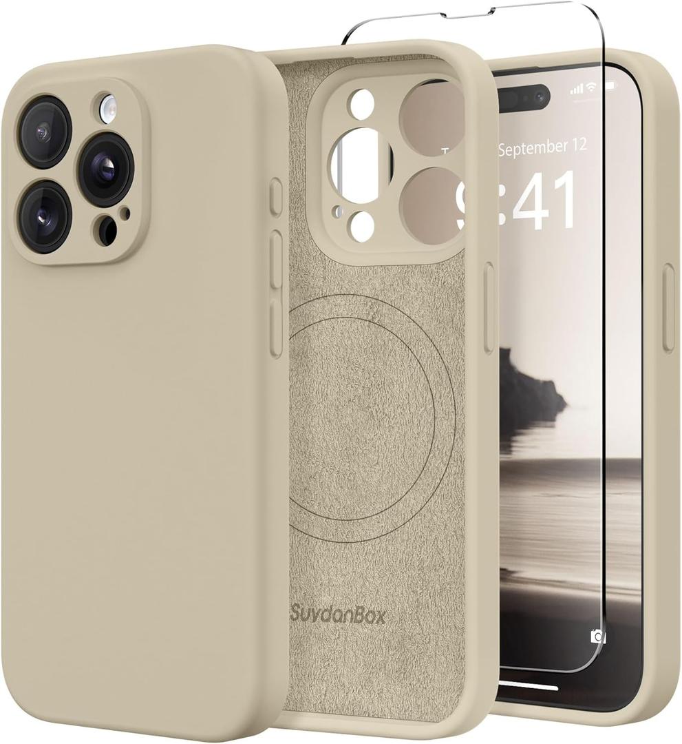 Magnetic for iPhone 15 Pro Max Case, Compatible with MagSafe, [Full Camera Protection][Screen Protector] Silicone Shockproof Protective Phone Case for iPhone 15 Pro Max 6.7", Khaki