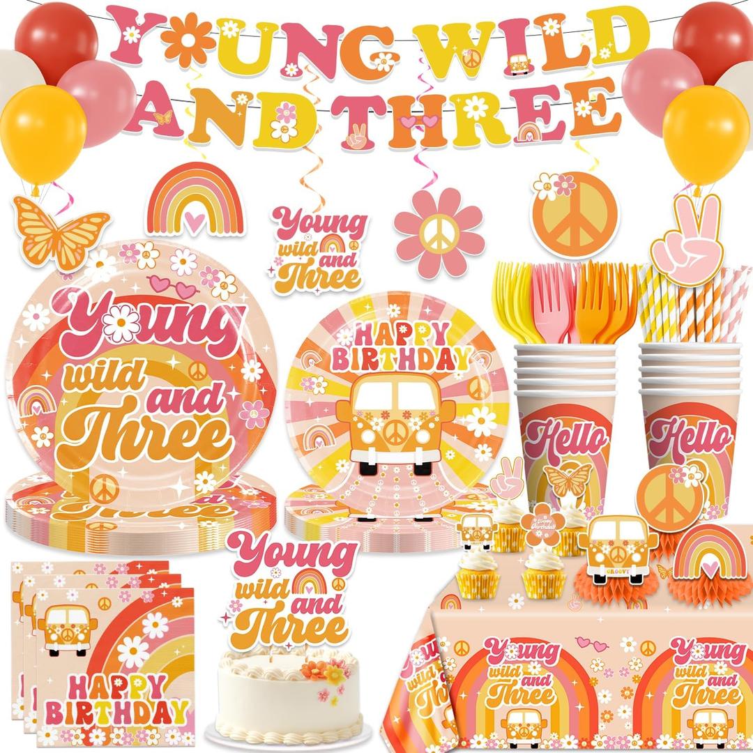 362pcs Young Wild and Three Party Decorations Tableware Set, 25pcs Wild and Three Party Decorations Plate Napkins Tablecloth for 3 Year Old Birthday Decorations Girl, 50 Guests