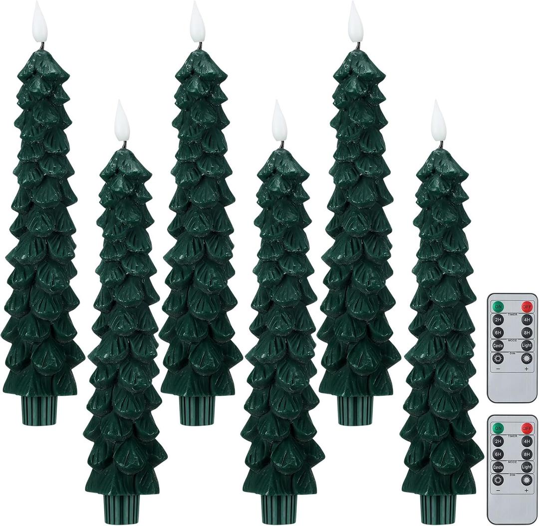 Funtery 6 Pcs LED Christmas Tree Flameless Taper Candles Real Wax Battery Operated Candlestick Lights with 3D Flame and Remote Timer Window Fireplace(Green,Christmas Tree)