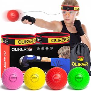 Boxing Reflex Ball for Kids, 4 Levels Boxing Ball with 2 Headbands, 1 Pair Gloves and 1 Goggles, Perfect for Reaction, Punching Speed and Hand Eye Coordination Training (Yellow+Pink+Red+Green)