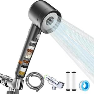 High Pressure Shower Head with Handheld, with Pause Switch 4 Spray Modes Water Saving Filter Showerhead, Showerhead Set with Hose, Bracket and Cotton Filter, Make Bathing Healthier (Grey) (Gray)